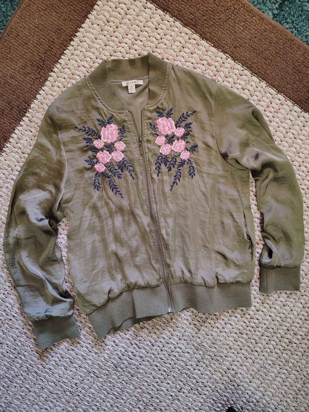 Emerson Olive Green Floral Embroidered Bomber Jacket